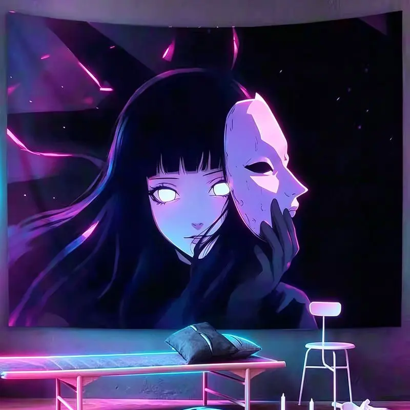 VIKAMA Dark Neon Anime Girl Tapestry Wall Hanging Pink Purple Black Outfit Lying Manga Aesthetic Wall Art Dorm Bedroom Decor
