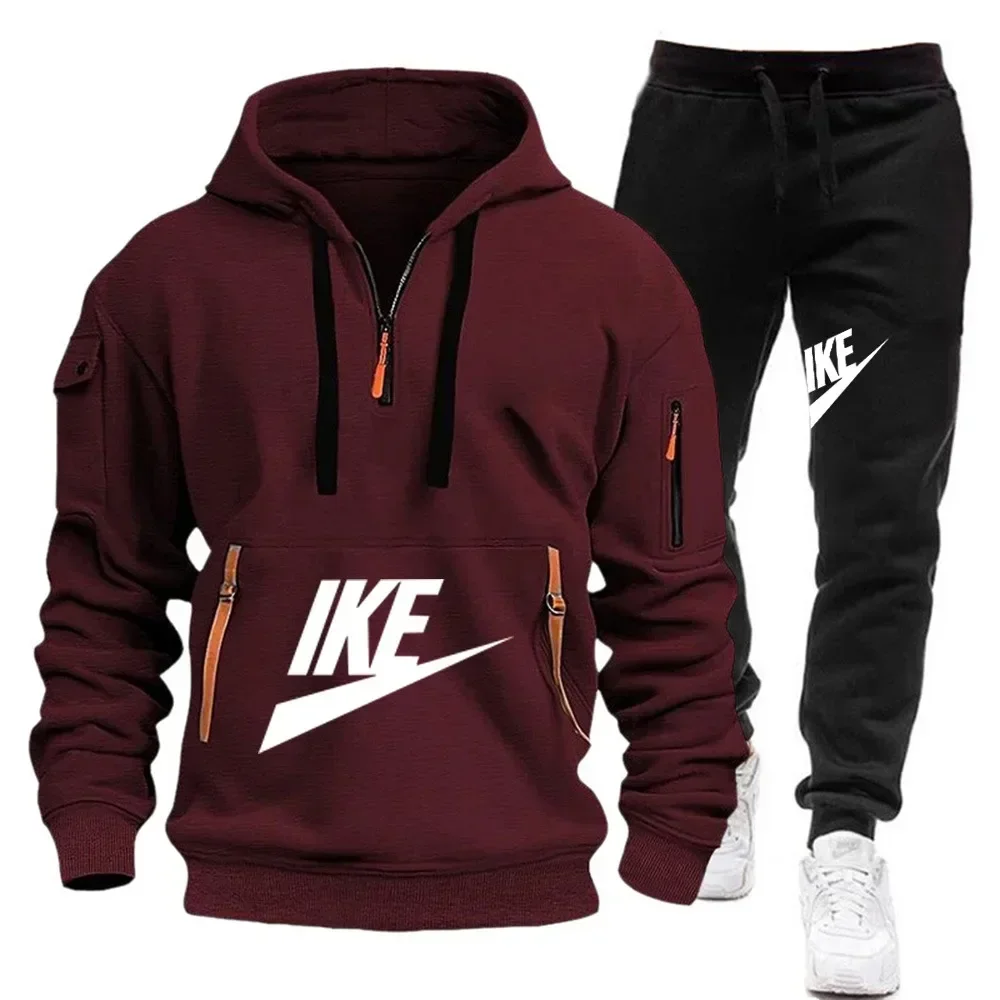 A new autumn and winter fashion men's casual sportswear set, featuring a warm hooded pullover and jogging pants in two pieces