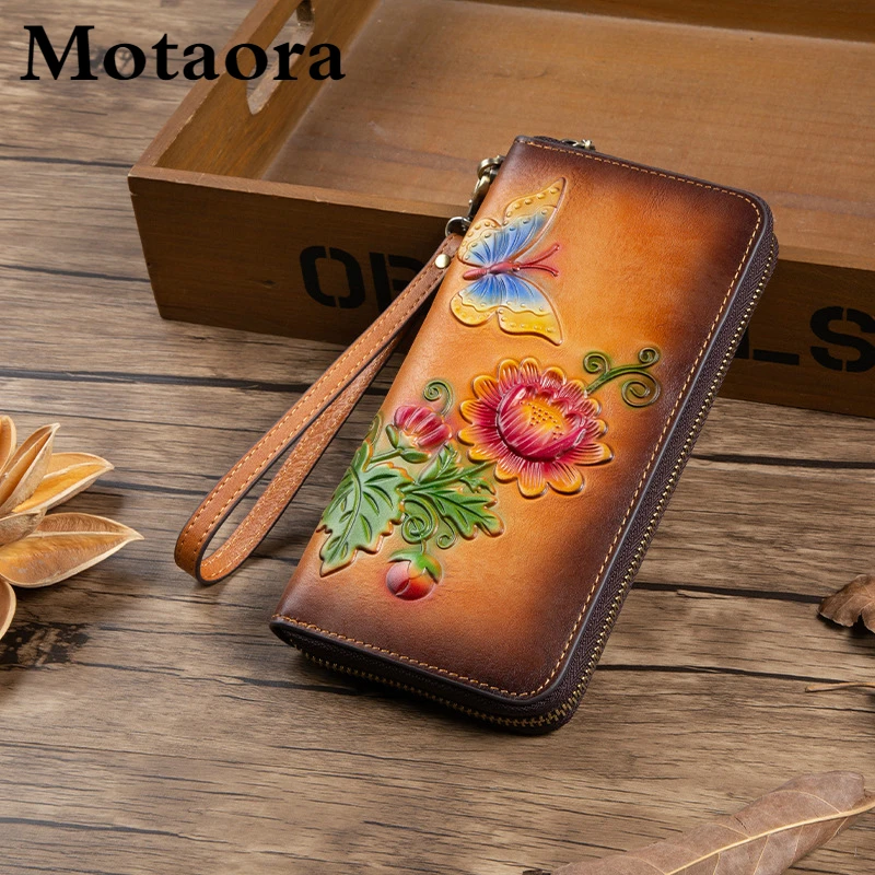 MOTAORA Women's Retro Wallet Genuine Leather Vintage Purse Women Chinese Style Embossed Card Holder Ladies Casual Female Clutch