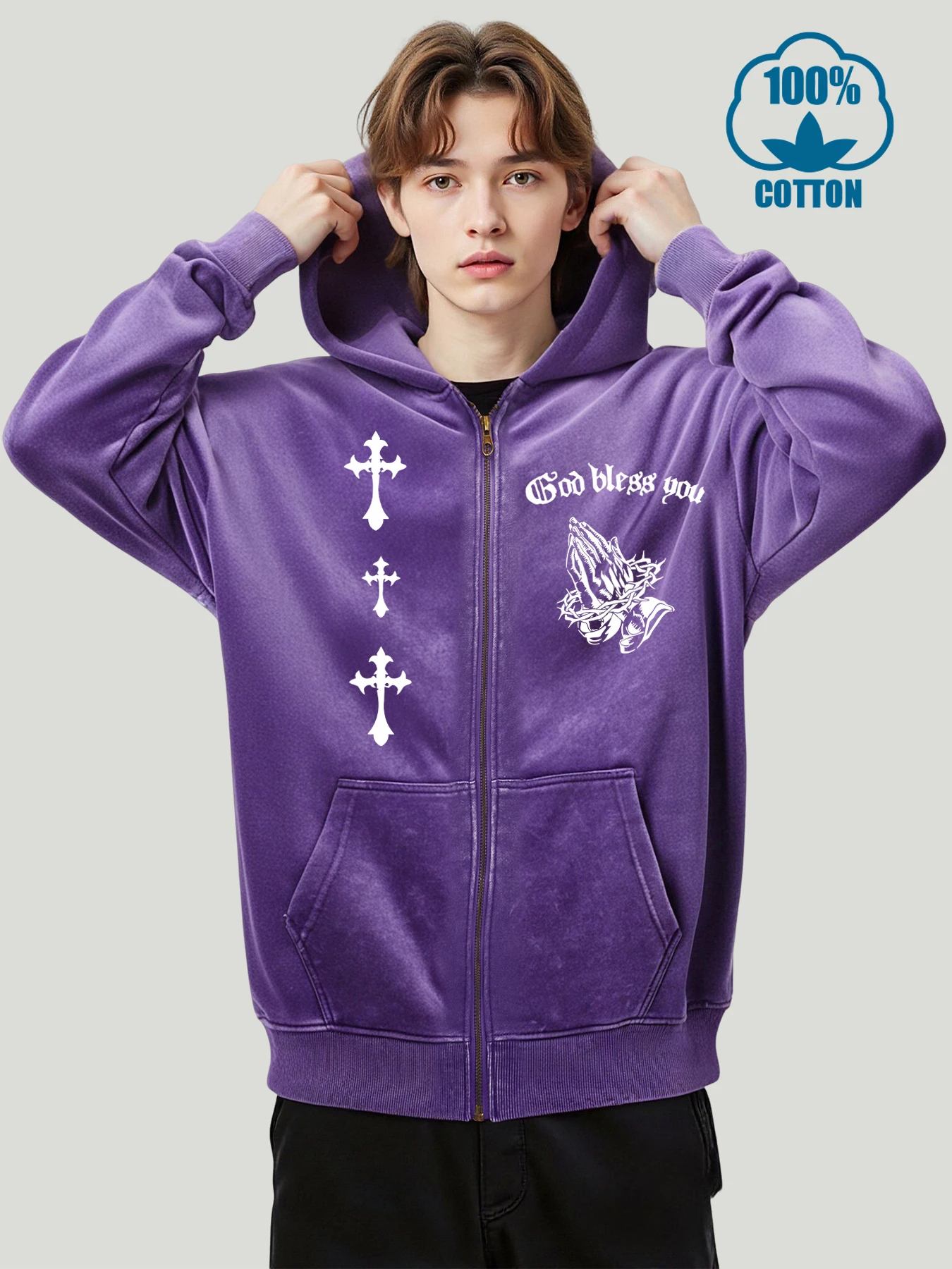 الله يباركك المطبوعة الرجال خمر غسلها قلنسوة بسحاب موضة فضفاضة هودي لينة القطن بلوزات المتضخم ملابس مريحة