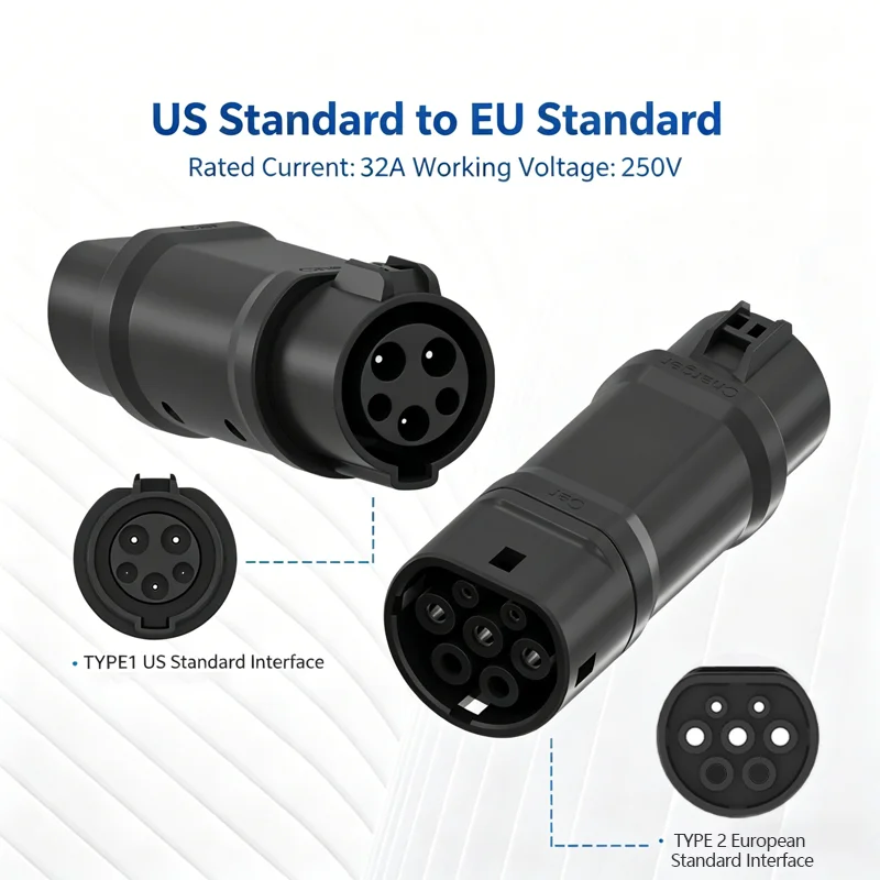 type 1 to type 2 adapter Gold-Plated 32A 7.2kW Weather-Sealed Locking Clip Carry Pouch Included CE Approved Secure