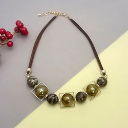 Women's Multi Color Acrylic Beads Boho Necklace with Gold Color Square Frame and Brown Leather Cordf for Women Everyday Wear