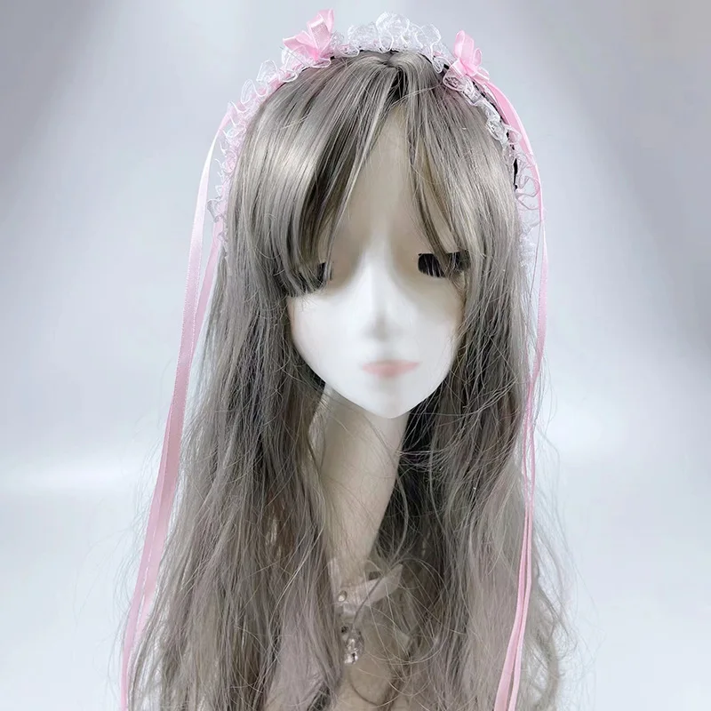 Accesorios para el cabello de Lolita, diademas de encaje de Lolita, diademas de cosplay de sirvienta, accesorios de anime, negro y rosa