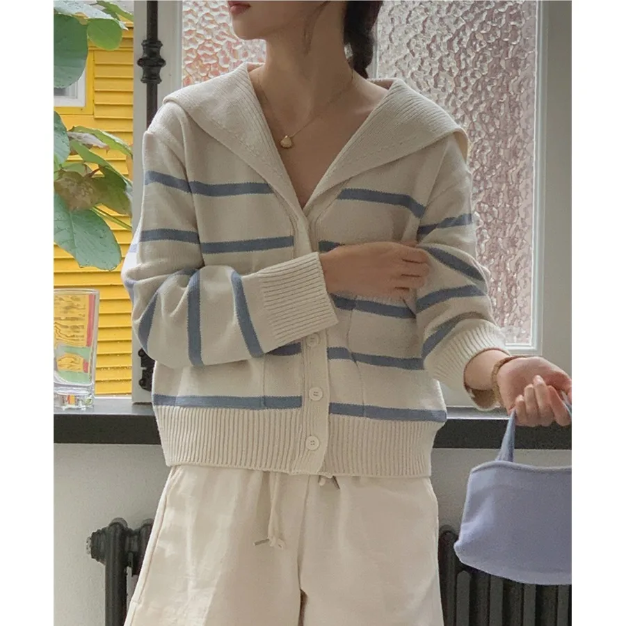 Los gebreid vest dames faionable gestreept ontwerp kleur blo marine kraag casual sle lange Sve top voor dames