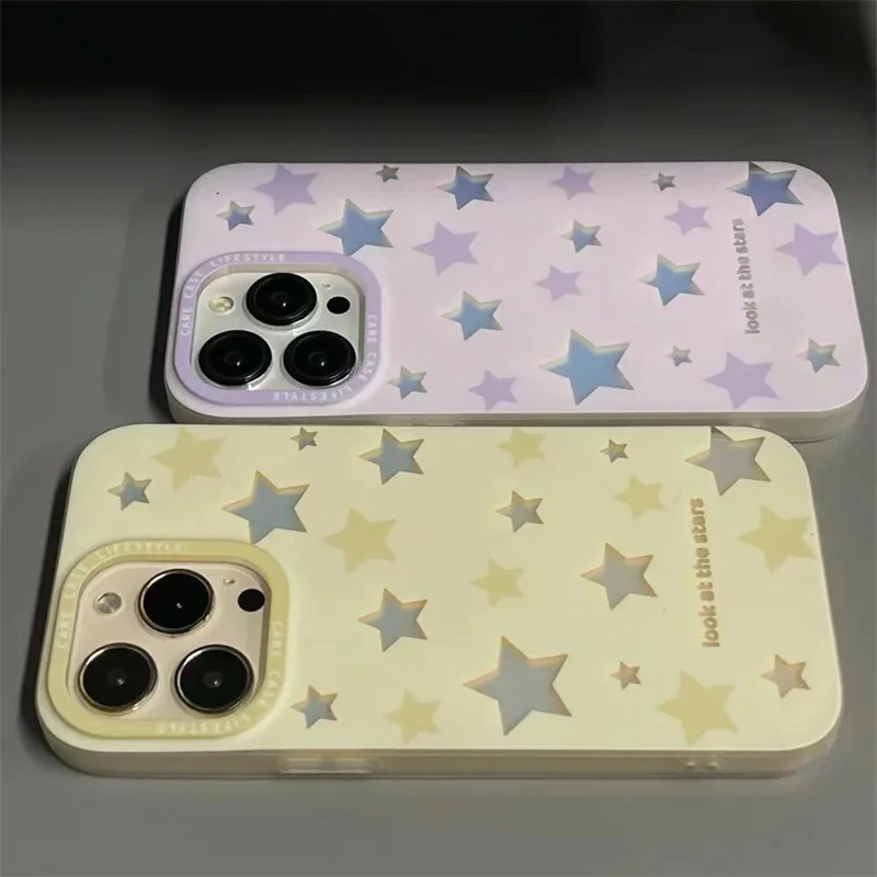 Yellow Laser Card Glittering Stars Phone Case For iPhone 14 13 12 11 Pro XS MAX XR 7 8 Plus Mini SE2020 Silicone Cover Cases