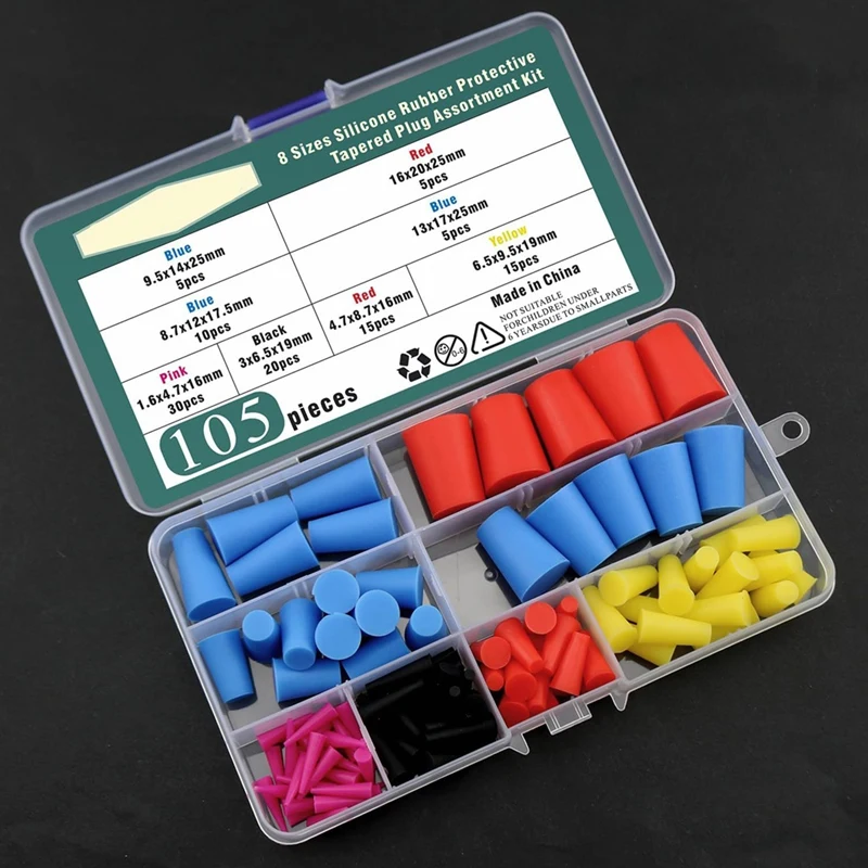 105Pcs High Temperature Silicone Protection Plug Set 8 Sizes Colorful Tapered Silicone Plugs For Powder Coating