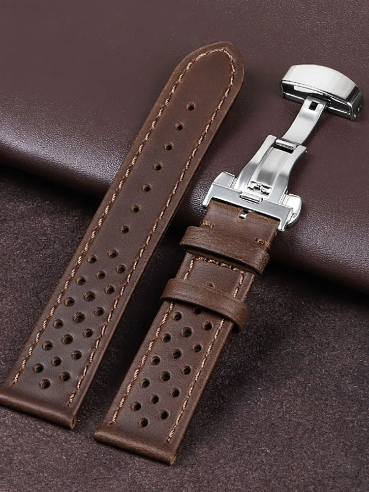 Bracelet de montre universel en cuir de vache véritable, boucle papillon, Vintage, pour hommes et femmes, respirant, ceinture 18/20/22mm