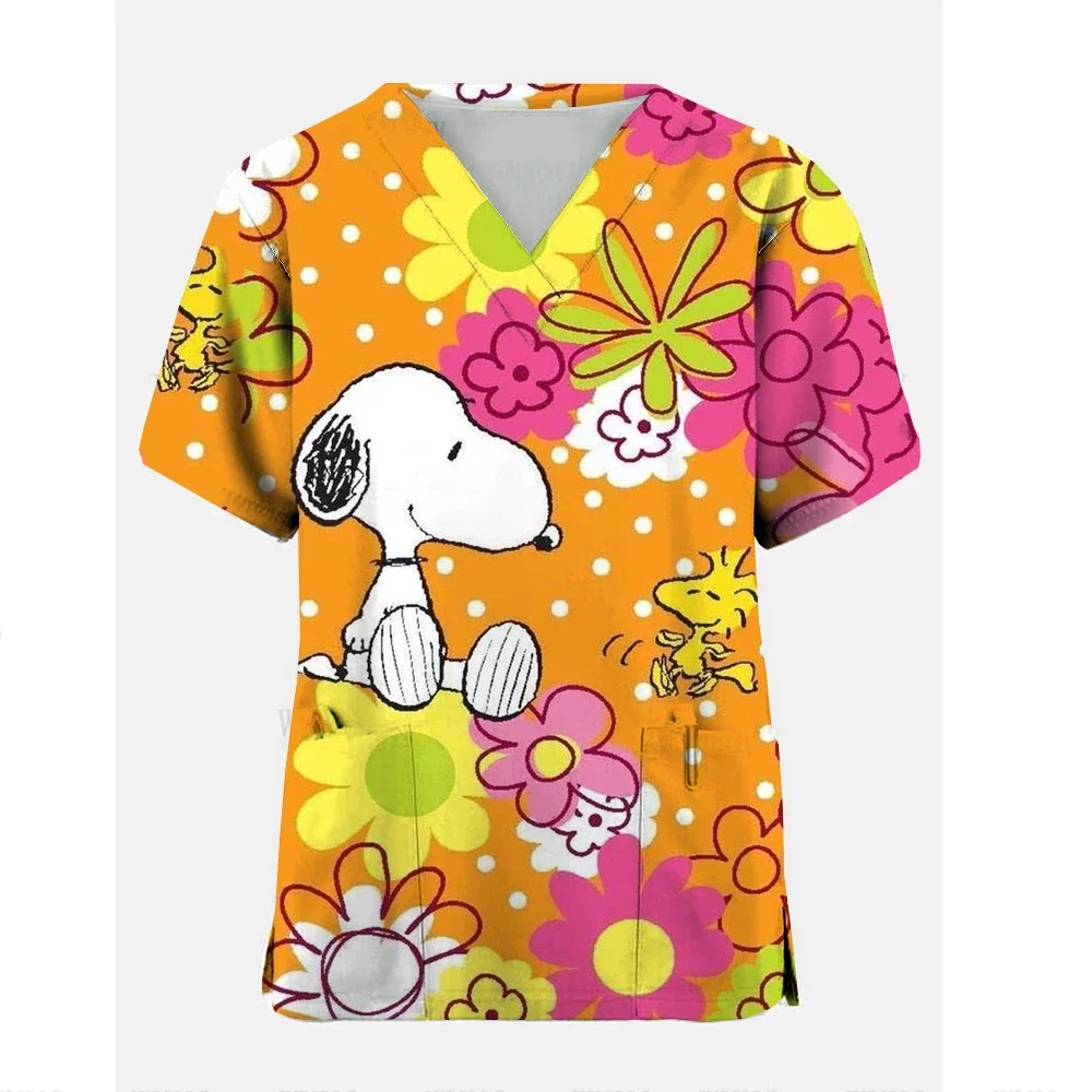 Women T Shirt Nurse Uniform Cartoon Snoopy Print V-Neck Pocket Medical Cartoon Nursing Scrubs Uniforme Enfermera Women Clothing