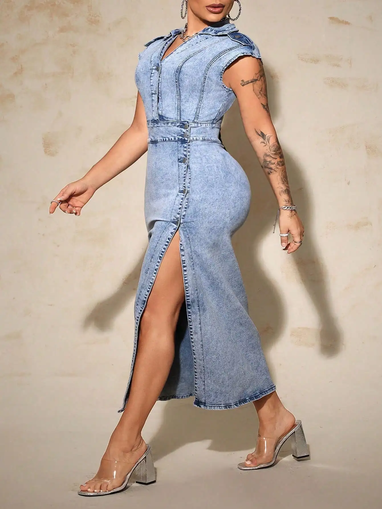 

Сексуальное джинсовое платье больших размеров с высоким разрезом, облегающее, летнее