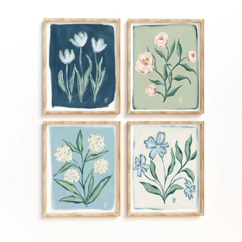Retro Floral Canvas Wall Art Set with Soft Botanical Prints, A Beautiful Home Décor and Living Room Gift Poster - Frameless