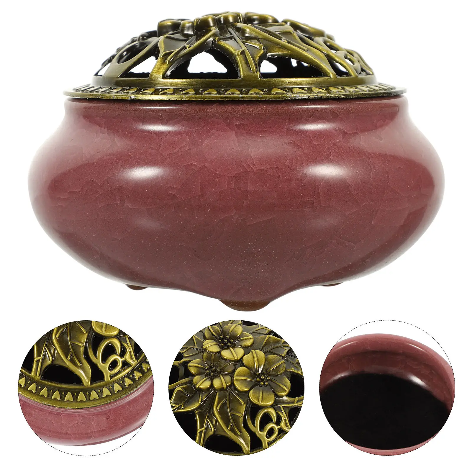 Cone Incense Burner Alloy Calabash Ceramic Ash Catcher Stable 3-Leg Traditional Violet Suitable for Incense Stick Coil Corn