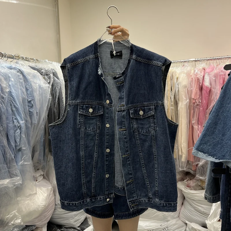 

Свободный женский джинсовый жилет-куртка в корейском стиле, синий, повседневный, весна-осень, с круглым вырезом, короткий, верхняя одежда