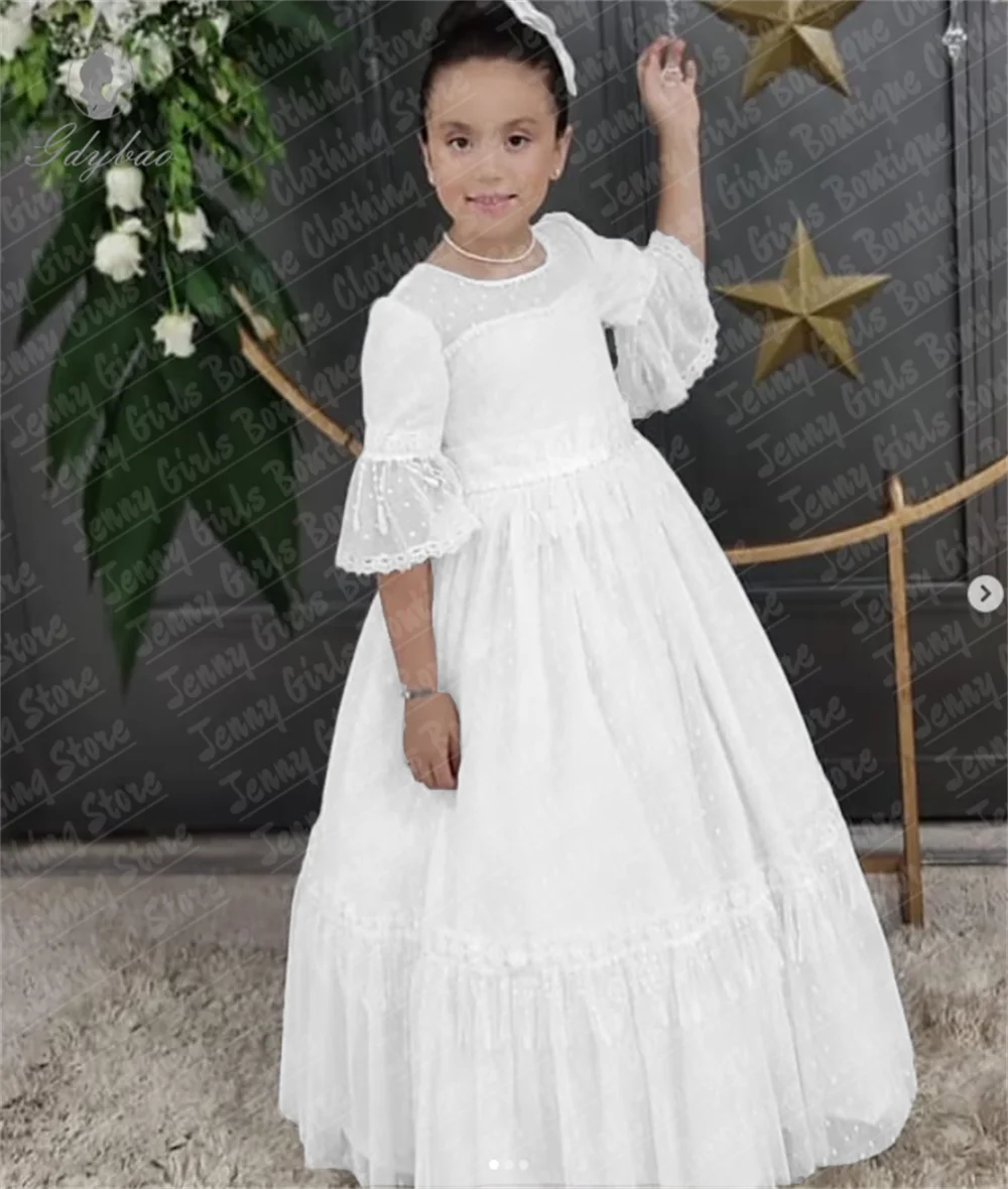 High Waisted Lace Cuffs Elegant Flower Girl Dress With Sheer Neckline For First Communion Children's Birthday Party Dresses