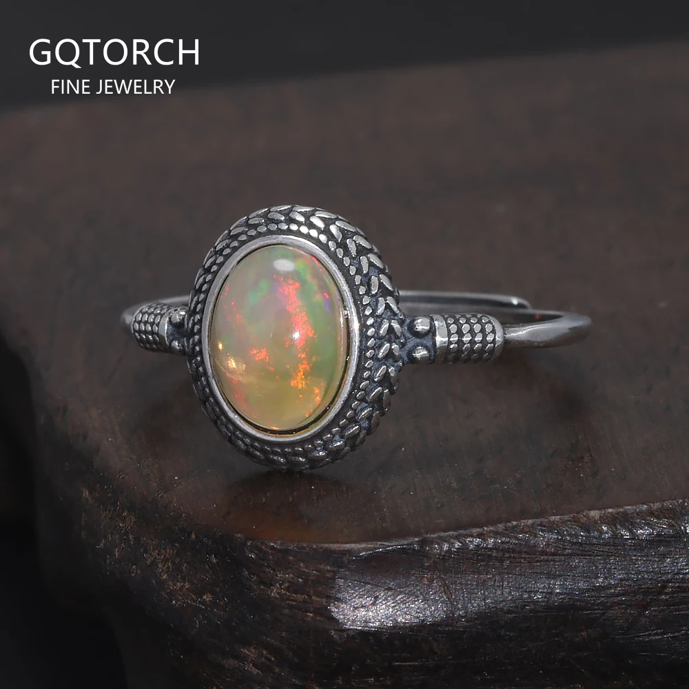 Vintage Opal Thin Ring for Women Antiqued 925 Sterling Silver Oval Shape Gemstone Adjustable Stackable Ring Jewelry Gift