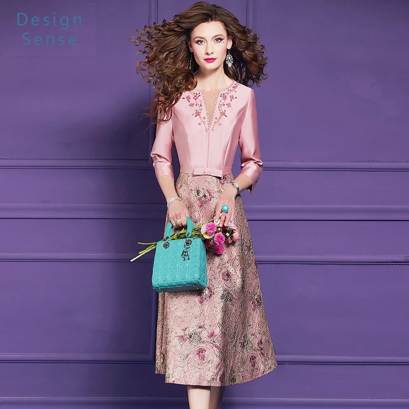 

Women's Commuting Wear Fake Two-Piece Embroidered Dress Spring Dignified Waist-Tight Temperament Mid-Length Large Swing Skirt