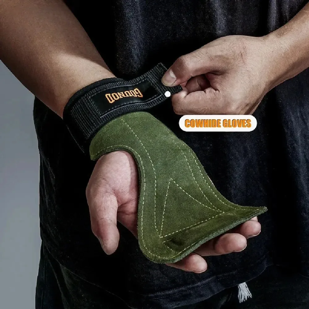 Luvas de Academia Antiderrapantes com Alças de Pulso e Protetor de Palma para Levantamento de Peso, Suporte para Deadlift e Pull-up, Luvas de Fitness em Couro Bovino
