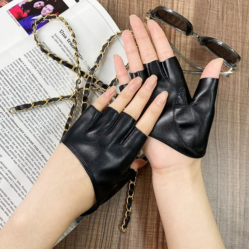 Women\'s Fashion Half Palm Full Finger PU Leather Gloves Female DS Hip-hop Candy Color Performance Gloves R1893