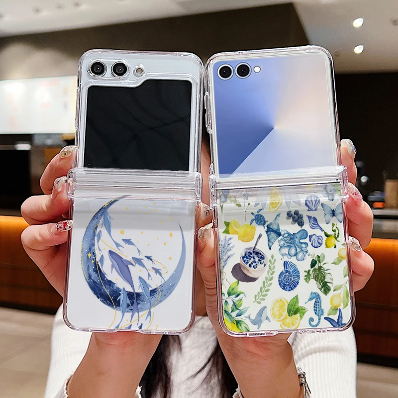 Whale Shell Pattern Phone Case For Samsung Galaxy Z Flip 8 7 FE 6 5 4 3 5G Folding Hard PC Clear Cover For Samsung Z Flip7 Flip8