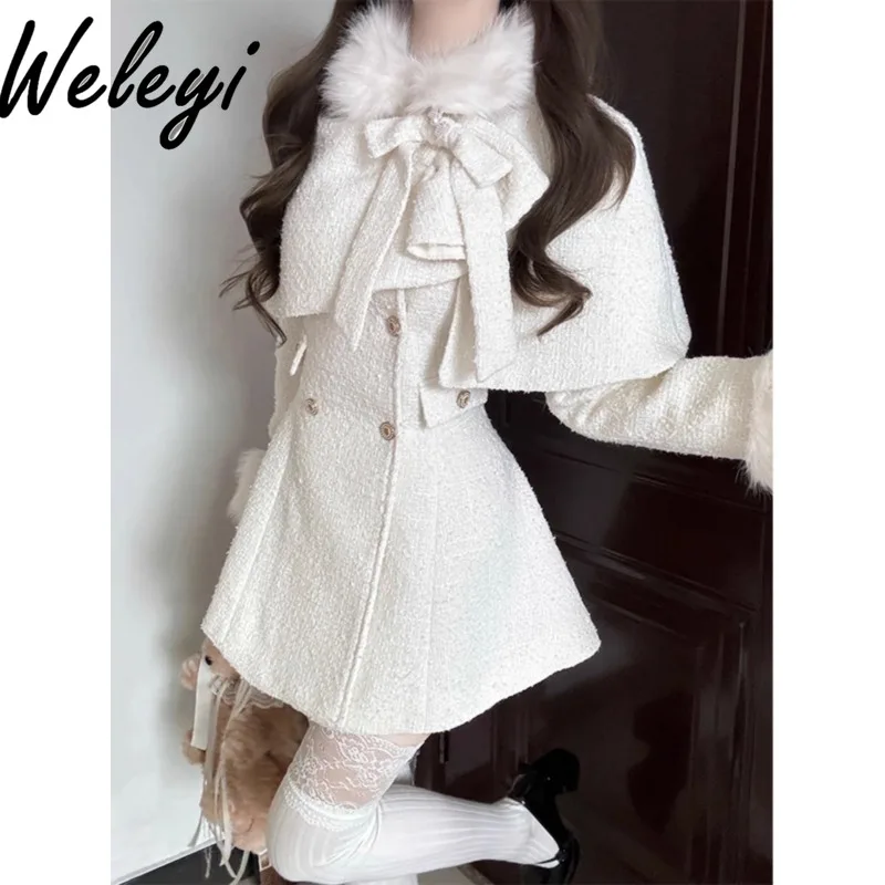 High-end Winter Dress Sets Ladies Beige Long Furry Sleeve Tweed Cape Jacket 2024 Autumn New A-line Short Dresses Two-piece Set