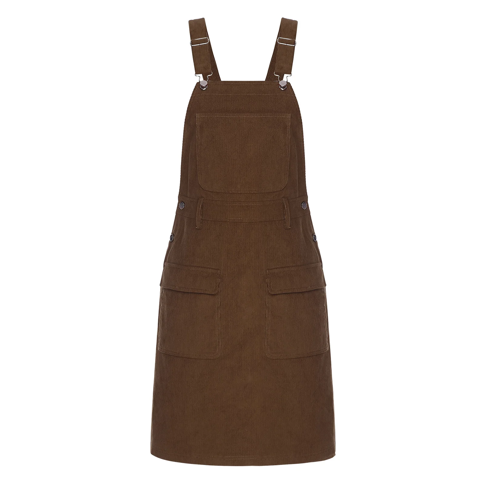 Womens Corduroy Overall Dress Adjustable Shoulder Straps Side Button Flap Pockets Pinafore Dress for Daily Casual Shopping