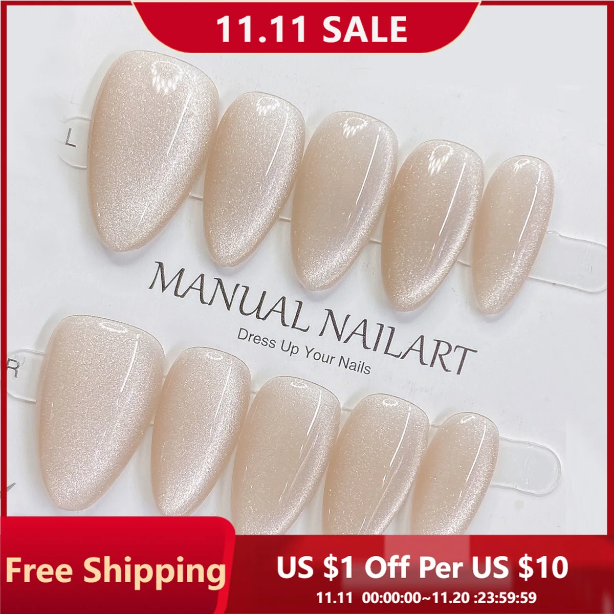 

10pcs Handmade Press on Nail Art Classic Nude Almond Glitter Cat-Eye False Nail for Women&Girl Detachable Wearable Fake Nail