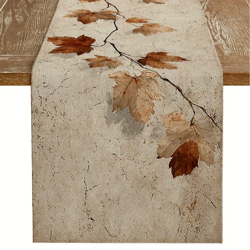 

1 Autumn Fallen Leaf Theme Table Runner, Vintage Cracked Base, Maple Leaf Branch Pattern, Suitable for Autumn Family Gatherings, Pastoral Cafe Decoration, Thanksgiving Party Setup, Autumn Scenery Soft Decoration for Homestays, Natural Restaurant Presentat