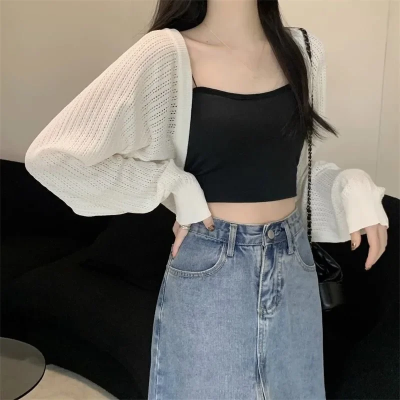 Hollow Long Sleeved Knit Cardigan Women\'s Apricot Short Top Loose Korean Fashion Gentle Simple Casual Commuting Spring Autumn