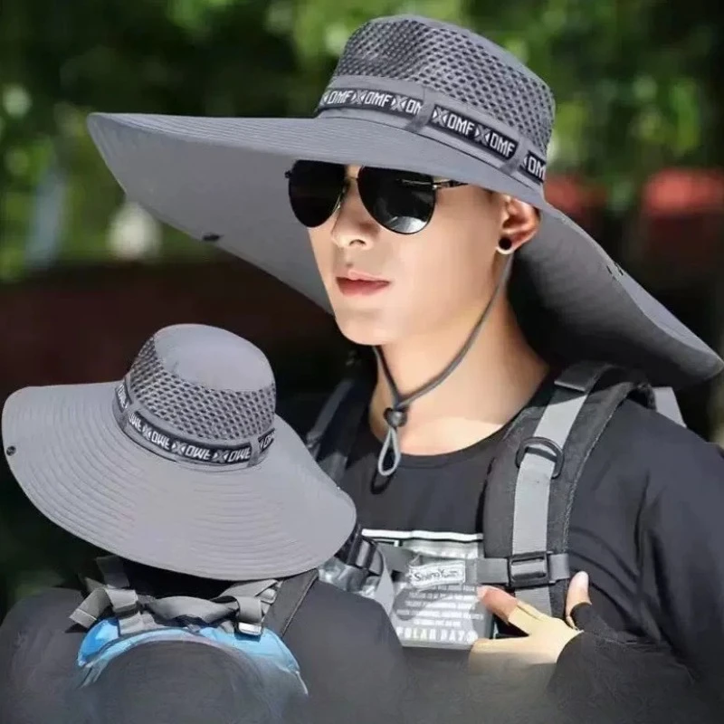 Summer 15CM Large Brim Sun Hat for Men Breathable Fishing Caps Sun UV Protection Mesh Fisherman Hat Hiking Outdoor Beach Cap