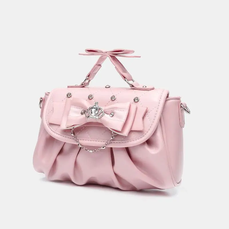 Elegante rosa Schleifen-Strass-Unterarmtasche, süße Lolita Plissee-Schultertasche, tragbare Handtasche mit Schleifengriff, niedliche Ita-Tasche – Detail 13