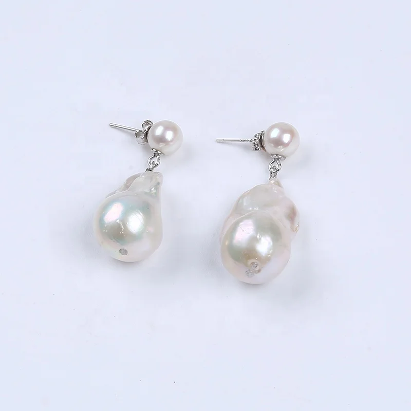 

7mm Natural Freshwater White Round Baroque Pearl Jewelry Women Drop Studs Earrings