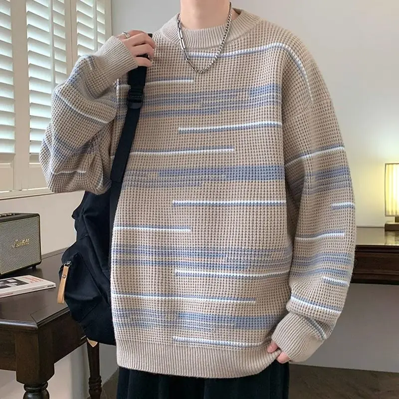 

Autumn Winter New Fashion Round Neck Long Sleeve Striped Pullovers Men's Clothing Casual Loose Korean All-match Knitting Tops