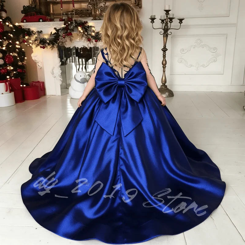 Elegant Royal Blue Satin Flower Girl Dress Lace Long Sleeve Oversized Bow Long Train Princess Gown for Wedding Christmas Pageant