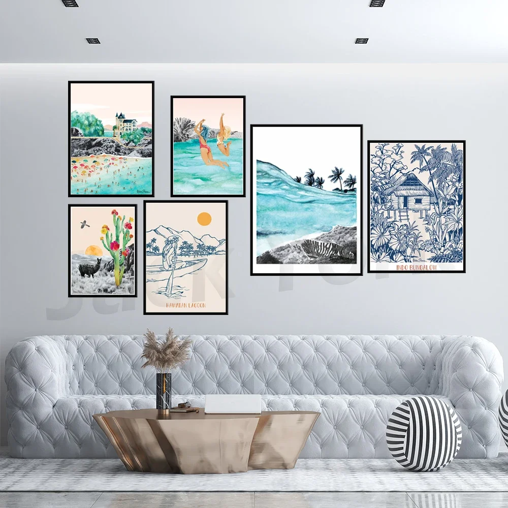 Hawaiian Lagoon- Poster Print- Illustration- Tropical - Surf - Island -Surfer - Wall Decor - Aloha- Travel- Hawaii