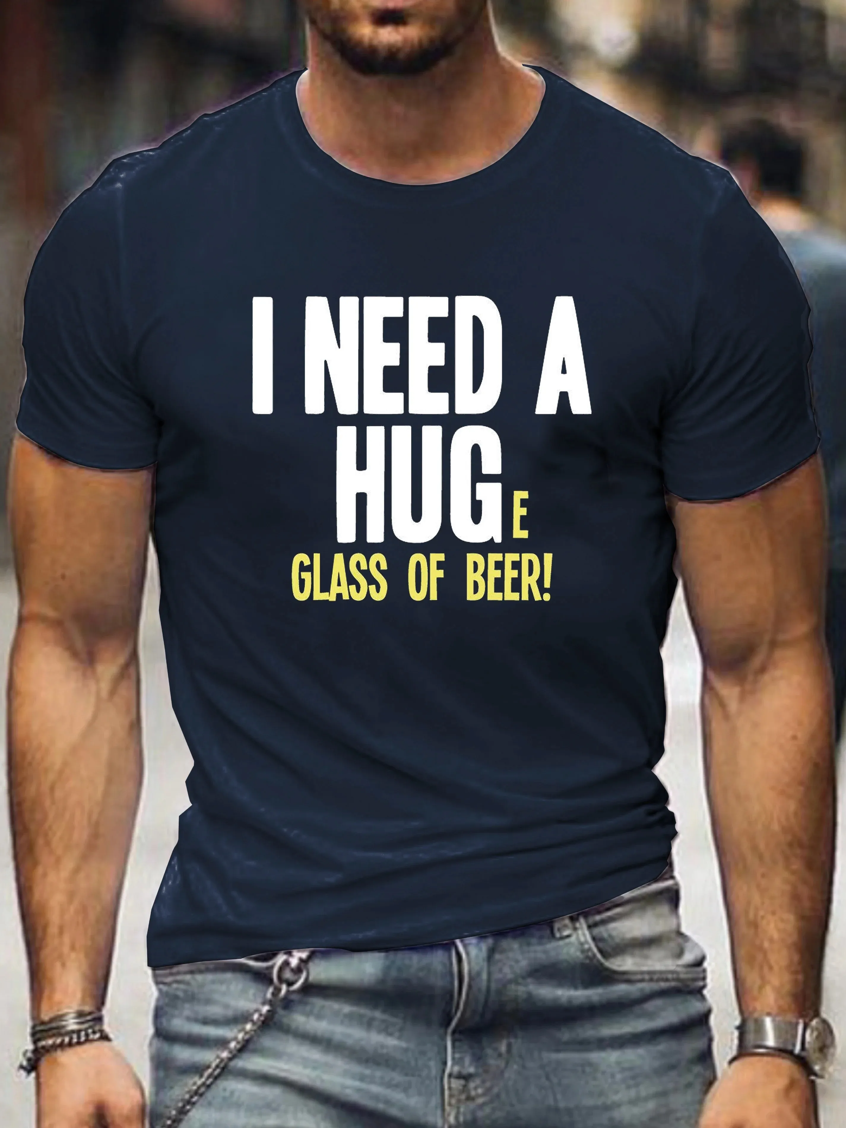 Funny Letter Print Tops Tees ShirtsI Need A Hug Huge Glass OF Beer Mens Funny T-Shirt