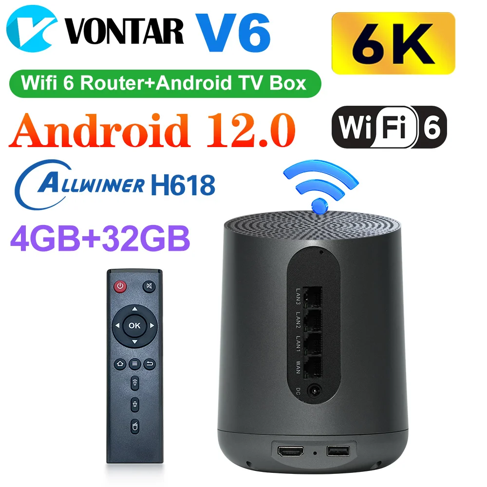 

V6 Gigabit Router & TV Box Android12 with Allwinner H618 Quad Core Cortex A53 Support 6K Video 4K Wifi6 Set Top Box 4GB 32GB