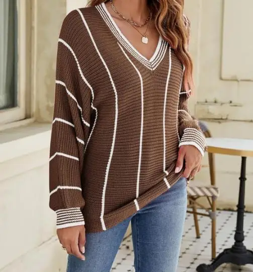 Maglione lavorato a maglia retrò con scollo a V da donna Top casual a righe larghe per il nuovo arrivo autunnale e invernale