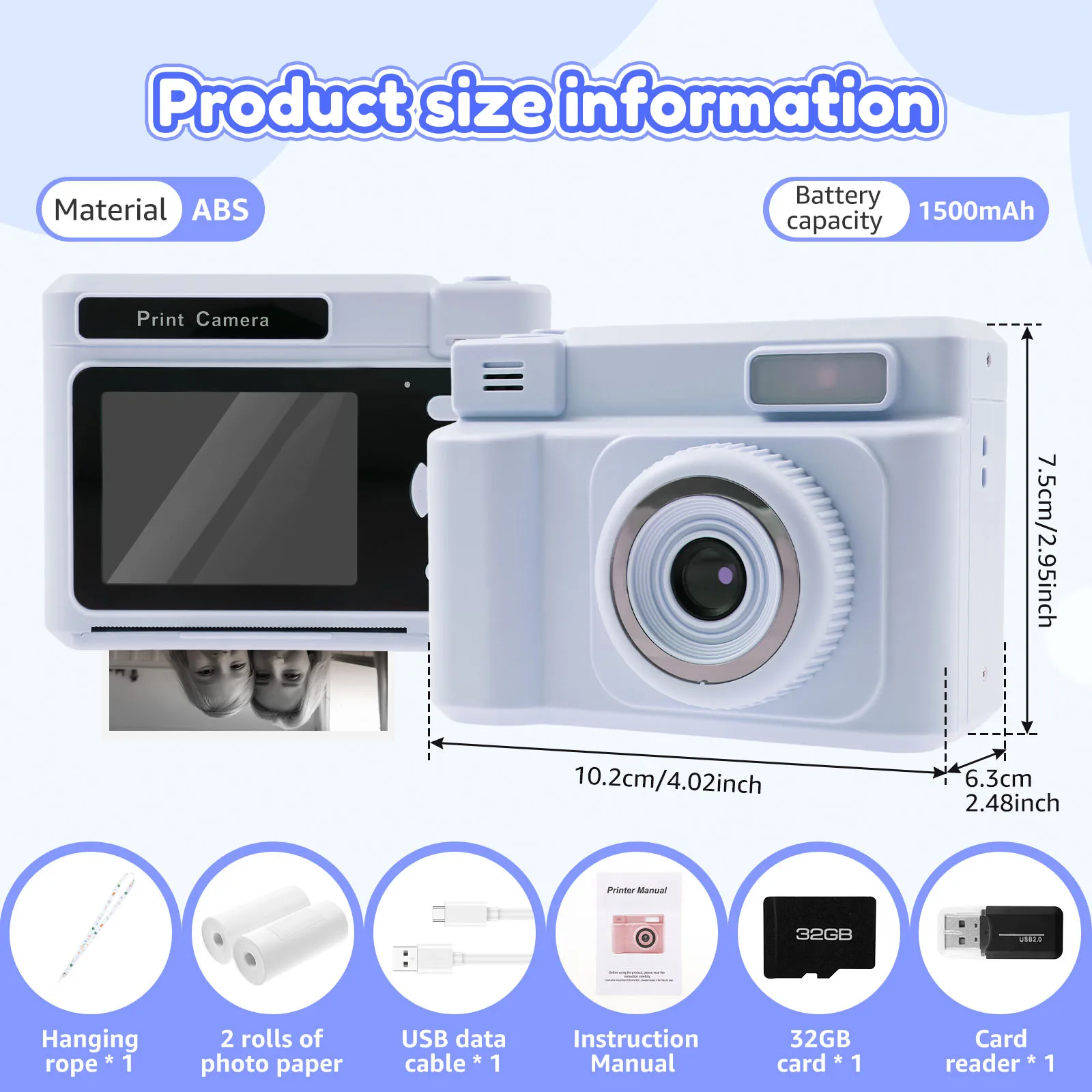 즉석 인화 카메라, 인화지 및 32G 카드 포함, 1080P HD 비디오, 어린이용 즉석 인화 카메라, 여자아이 생일 선물