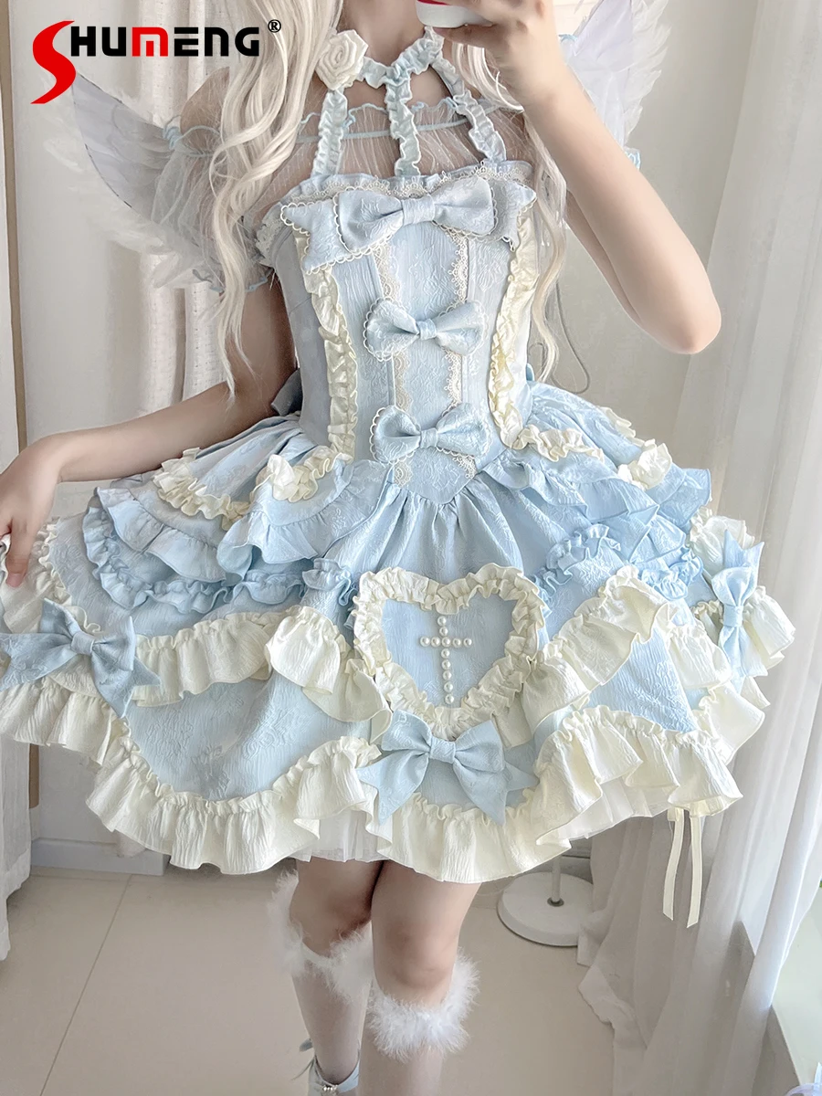 

Sweet Elegant Heavy Industry Lolita Dress 3D Bow Flower Ruffles Stitching Heart Cross High Waist Ball Gown Princess Short Dress
