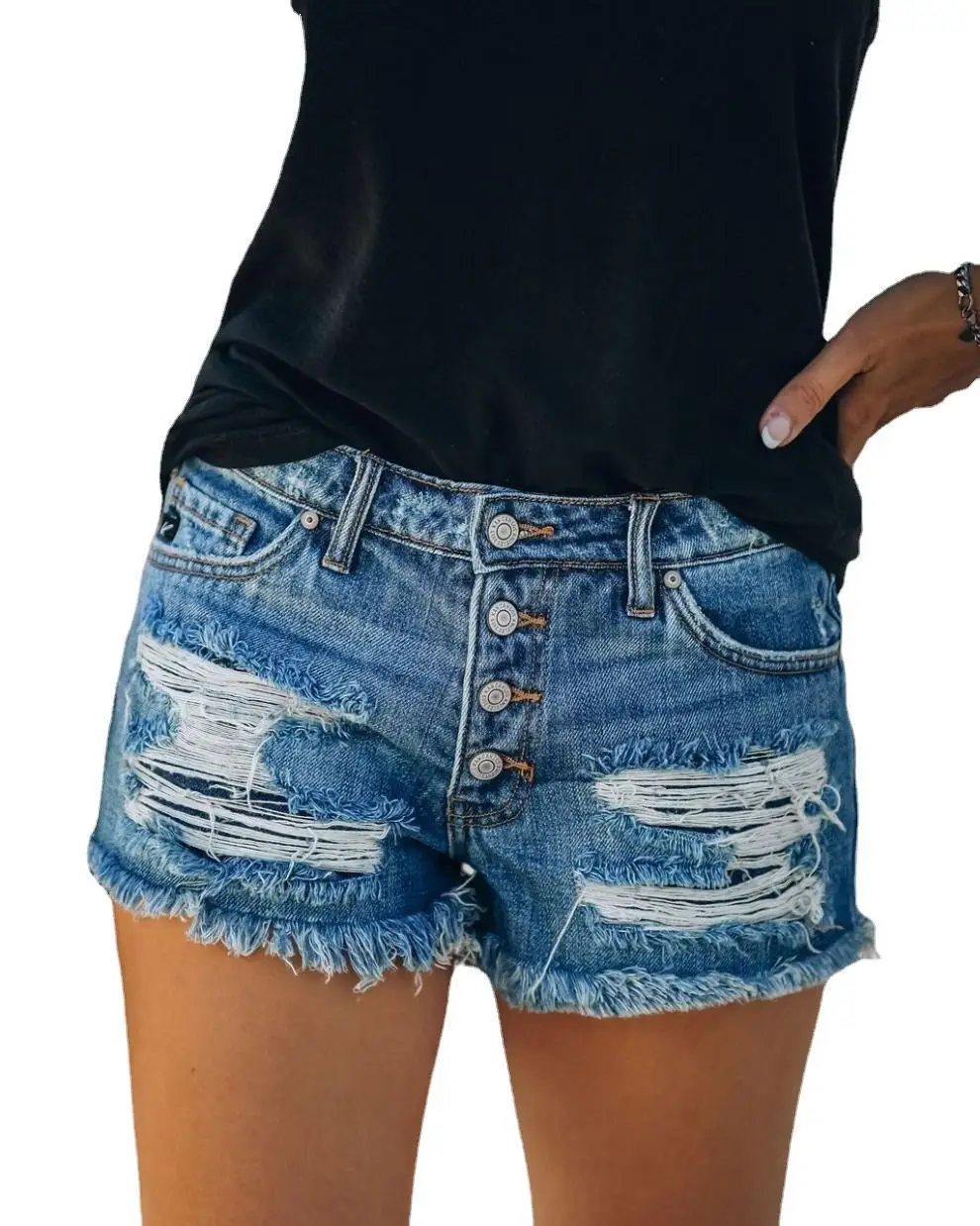 Ripped Distressed Jeans Shorts Denim Washed Tassel Button High Waist Holes Spliced Vintage Pockets Sexy Slim Fit Streetwear