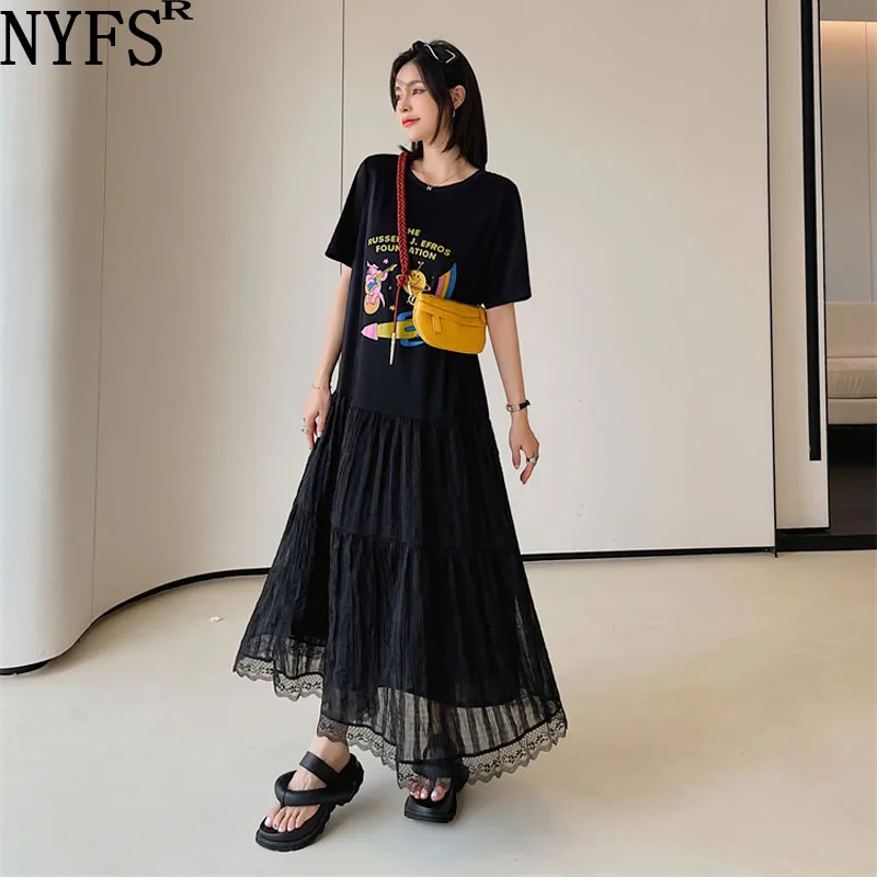 

NYFS 2024 Summer Korea New Woman Dress Vestidos Robe Elbise Plus Size Stitching Lace Hem Short Sleeves Long Dresses