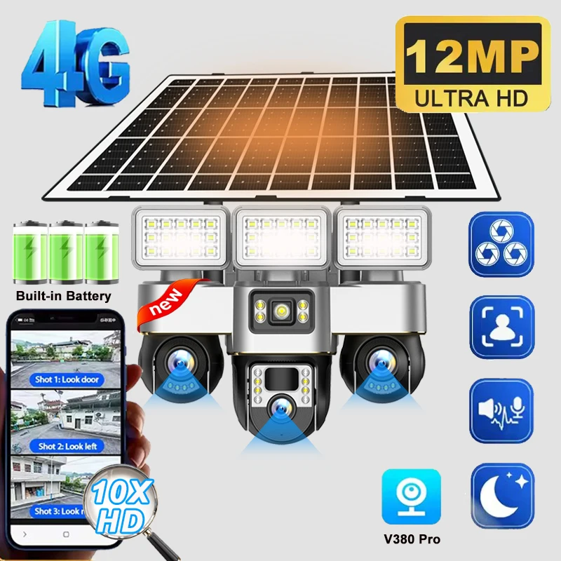 12MP Three-Lens LED Street Light 4G Camera Solar Power Outdoor Security Protection CCTV PIR Human Detection V380 Pro PTZ Monitor