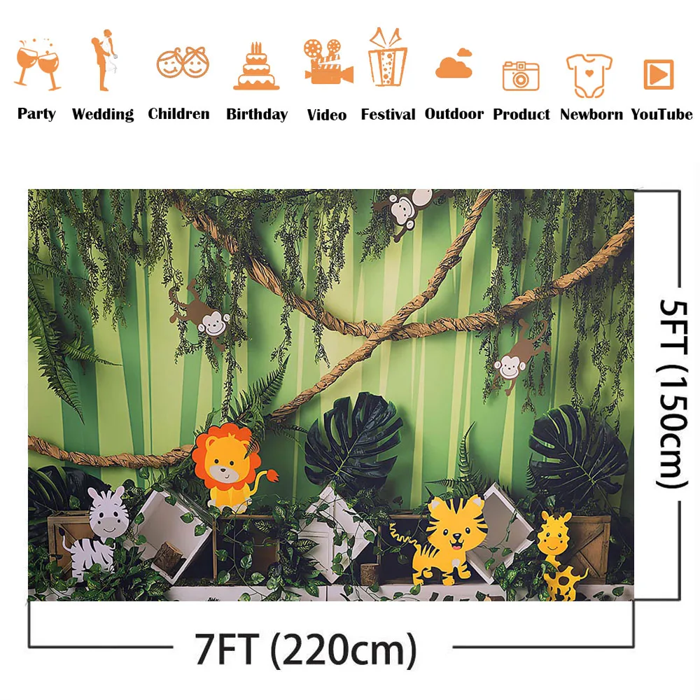 Safari Jungle Birthday Backdrop for Photography Cake Smash Woodland Animals Photo Background Photocall Newborn Kids Portrait