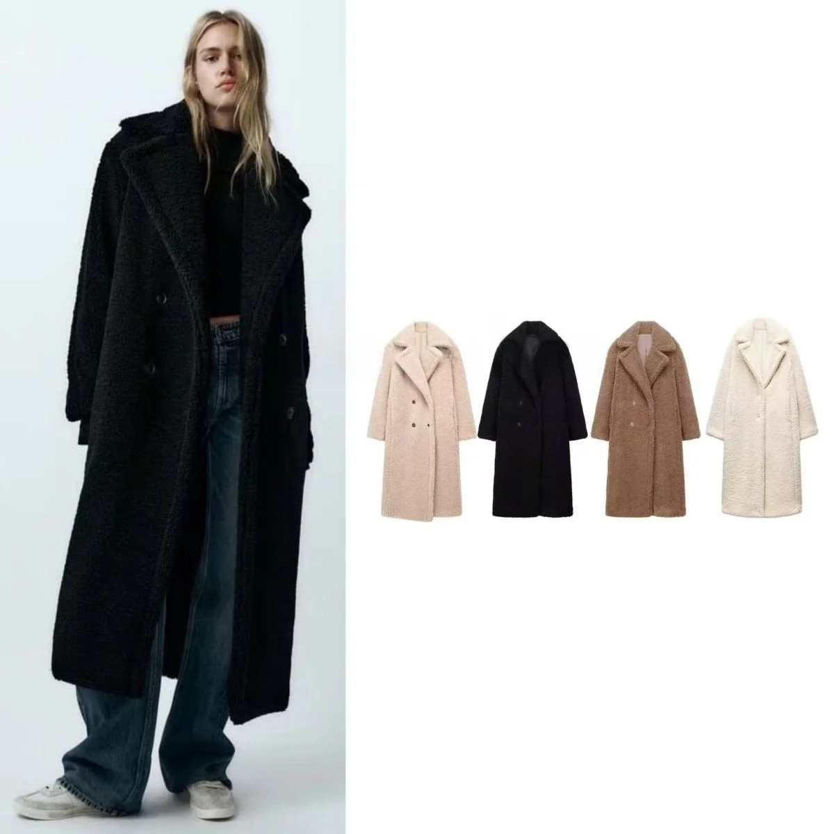 

Осень-зима, новое женское длинное двубортное пальто с отложным воротником из овечьего меха на подкладке Jaet 255700, повседневное длинное пальто для поездок на работу...