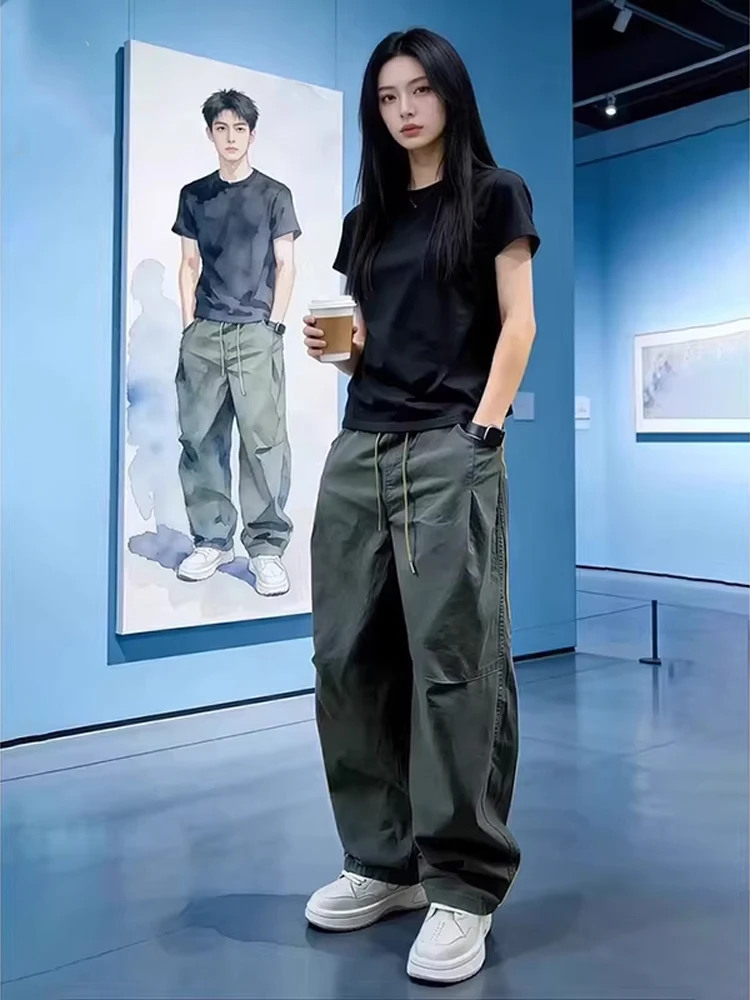 Military Green Folded Pants Men Summer Thin Breathable Outdoor Loose Wide Leg Long Pants Straight Tube Workwear Casual Trousers