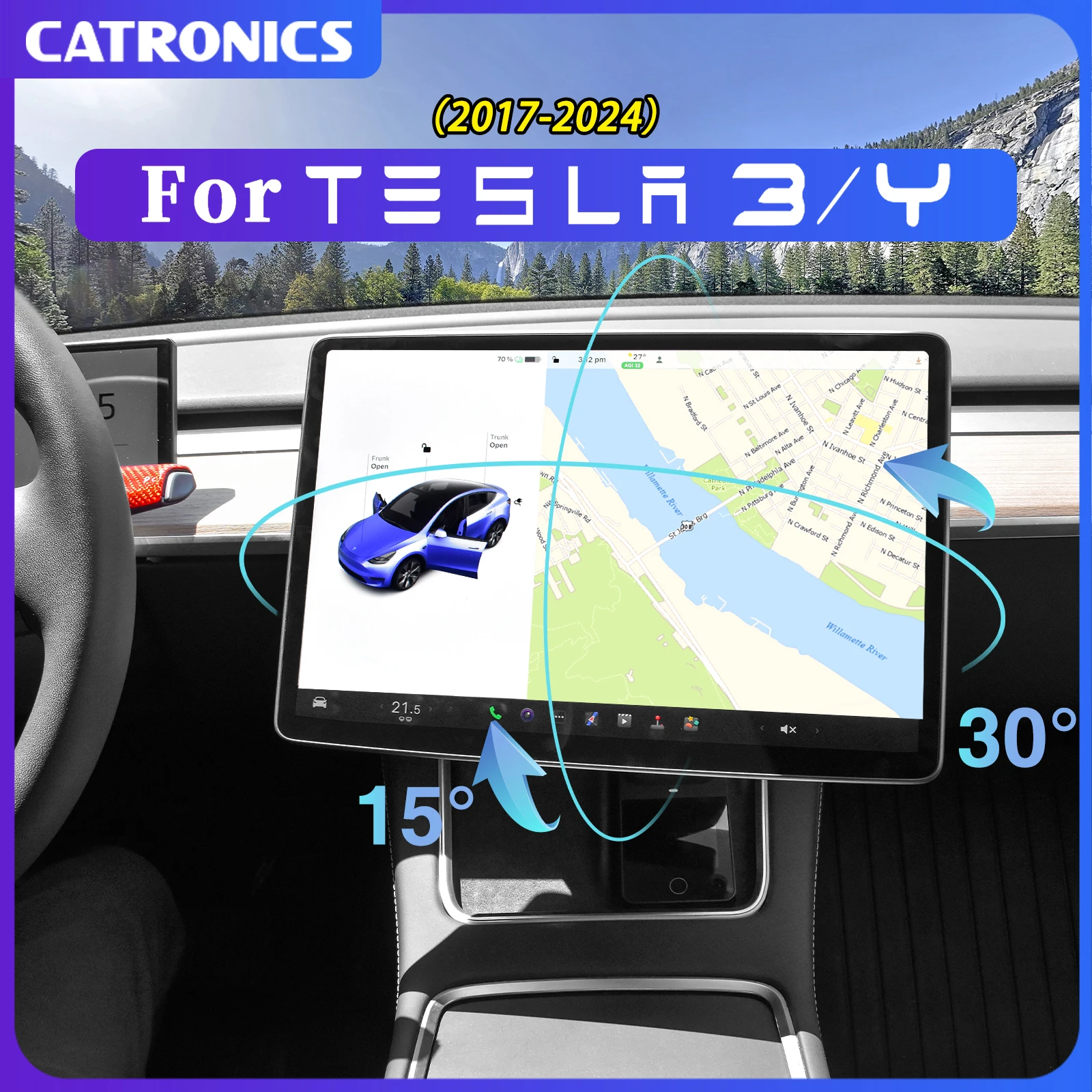 CATRONICS Screen Swivel Tilt Mount for Tesla Model 3 Highland Model Y 2017-2024 Four Direction Screen Rotating Holder Bracket