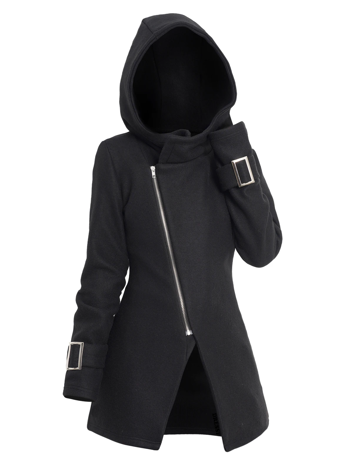 Dressfo 2024 Womens Hoodie Coats Oblique Zipper Hooded Coat Solid Color Buckle Detail Casual Black Top abrigos de mujer