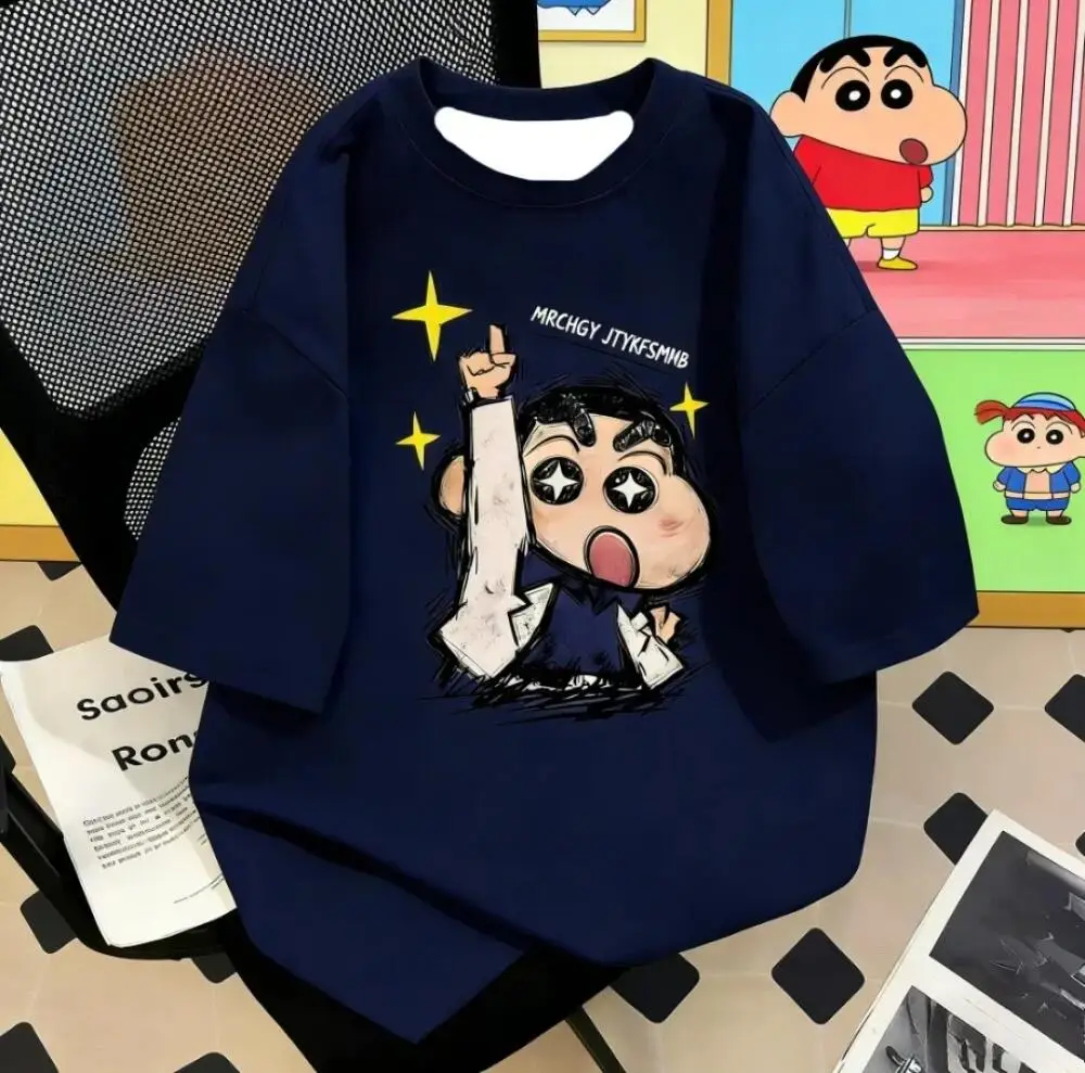 Crayon Shin Chan Star Print Casual T Shirt Cute Anime Short Sleeve Tee for Men Women Daily Wear