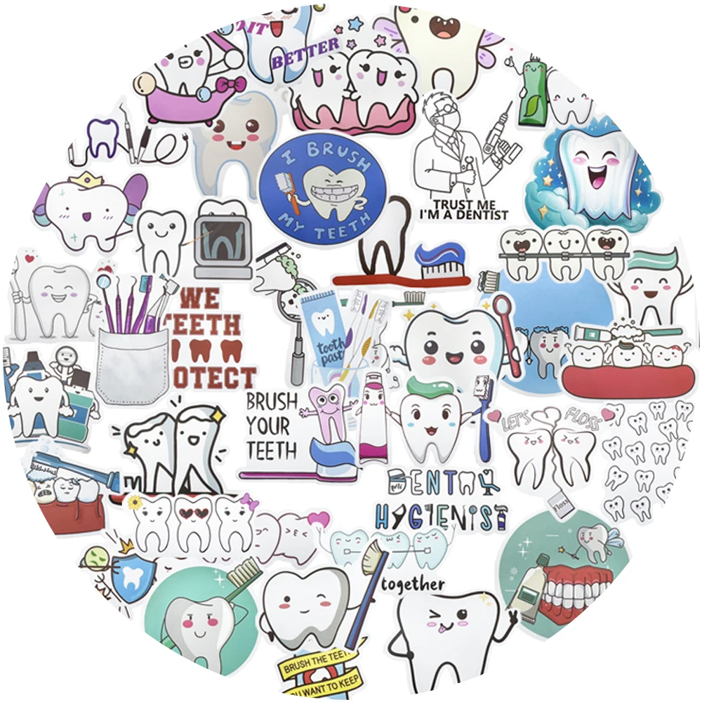 50Pcs Cute Cartoon Protect Tooth Stickers Brushing Pattern Molar Toothbrush Shape Sticker Dentistry Graffiti Gift Clinic Decor