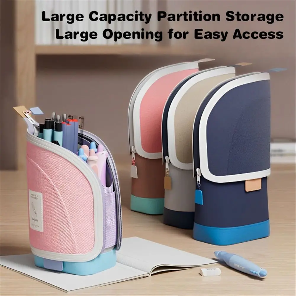 Cute 2-in-1 Standing Pencil Case Portable Vertical Retractable Pencil Bag Stationery Storage Bag Desk Supplies Holders