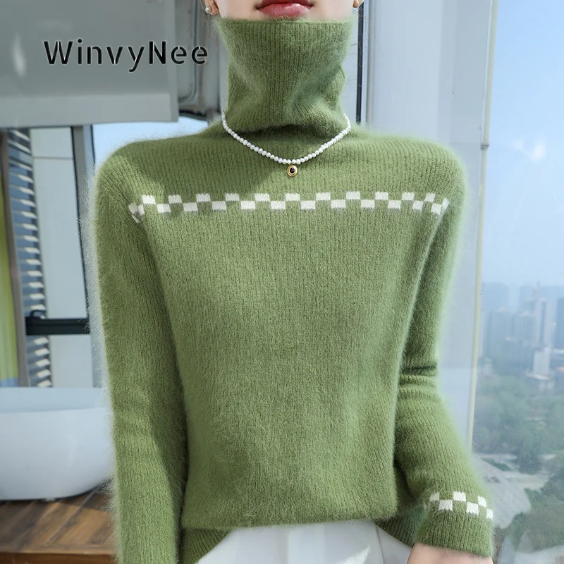 WinvyNee Women Turtleneck Jumper Mink‑Velvet Checkered Detail Brushed Fabric Warm Outfit Daily Knit Chic Soft Garment ZA1248034